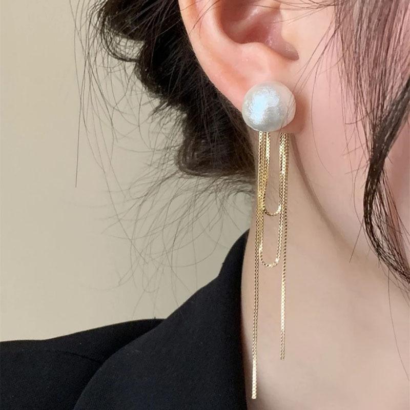 Korean Fashion Imitation Pearl Dangle Earrings Elegant Round Shape Chain Tassel Drop Earrings For Women Bridal Earrings Party Jewelry