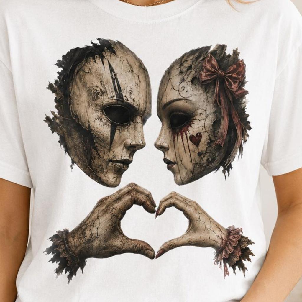 Horror Mask Shirt, Creepy Heart Hands Tee, Halloween Love Shirt, Gothic Couple T-Shirt, Gothic Dark Art Shirt, Spooky Women Man Love Shirt