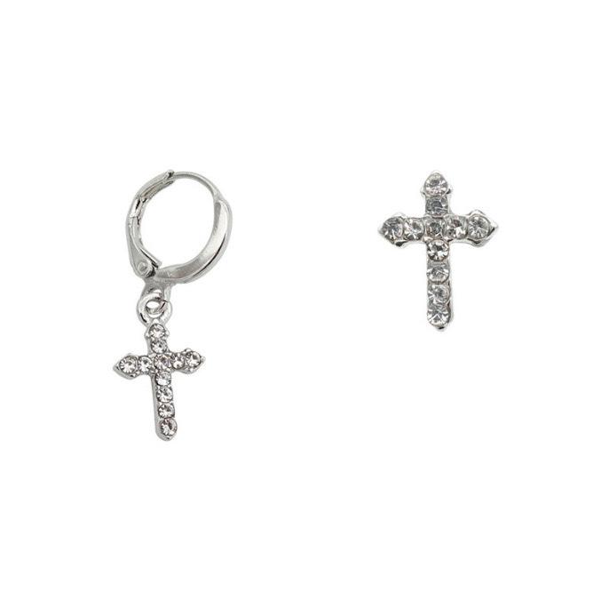 S925 Silver Asymmetrical Diamond Cross Earrings - Japanese & Korean Style, Trendy Fashion Accessories