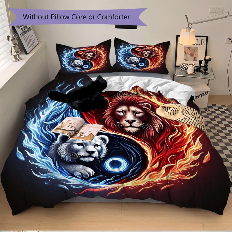 3pcs Yin Yang Lions Pattern Bedding Set, 1* Cover + 2*Pillowcases, Printed Bedding Set, Soft and Comfortable, Suitable for Bedroom and Guest