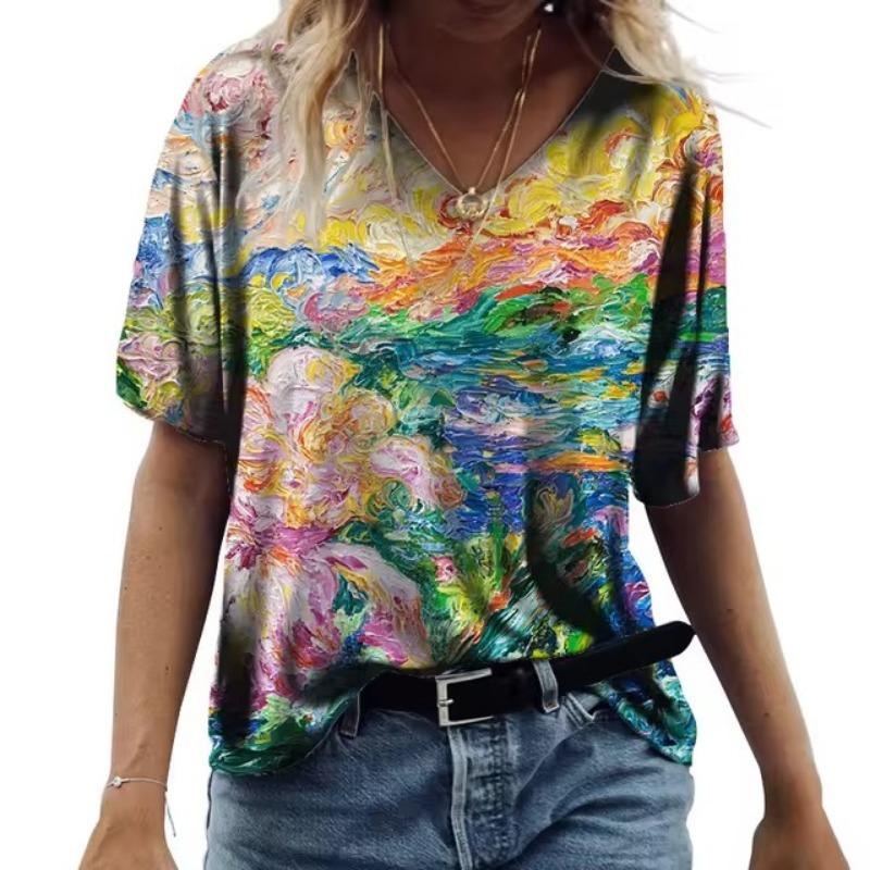 Летняя художественная роспись Tie Dye 3D принт женская мода красочная футболка с коротким рукавом V-образный вырез футболки уличная одежда сексуальные женские футболки топы
