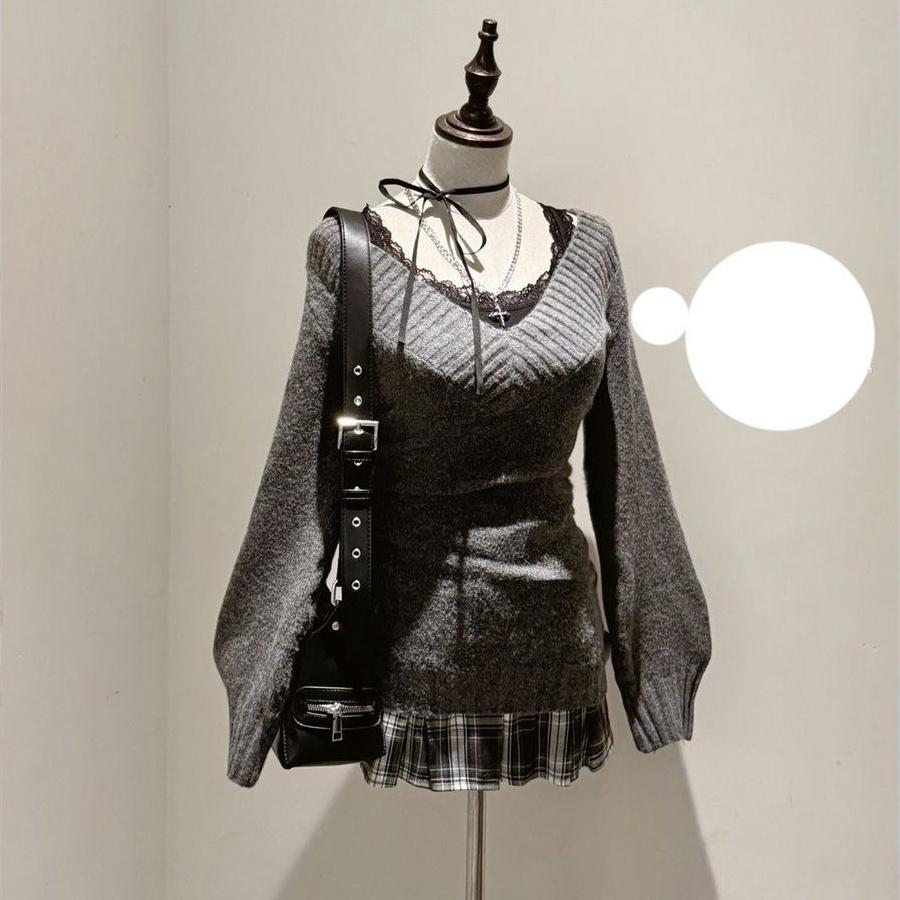 Fashion Aesthetics Women's Fall Winter Sweater Sexy Slim Fit Chic V-neck Long-sleeved Pullover Harajuku Streetwear