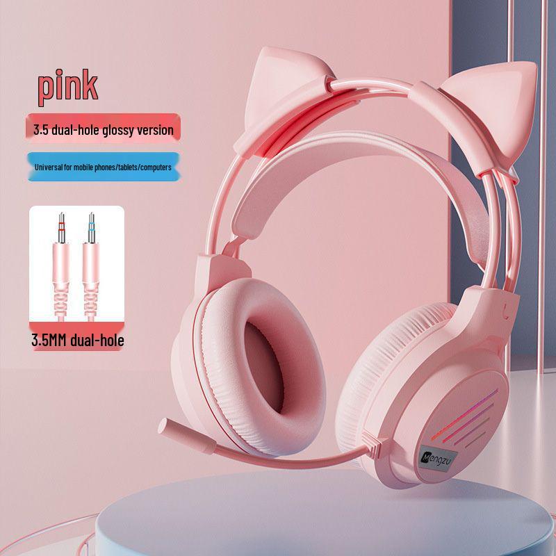 Glowing Cat Ear Wired Headphones: Cute Gaming Headset for Girls - Compatible with Desktop & Laptop Computers