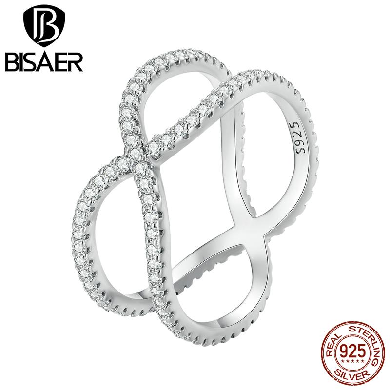 Bisaer Двухслойное кольцо на палец из стерлингового серебра 925 пробы с геометрическим узором для женщин, ювелирные украшения с фианитами в оправе из камня