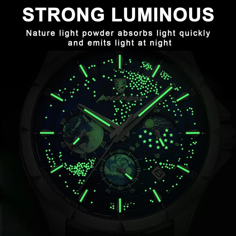 POEDAGAR Брендовые модные кварцевые часы Starry Sky Chronograph с ремешком из нержавеющей стали и кожи, водонепроницаемые, с подсветкой, мужские часы