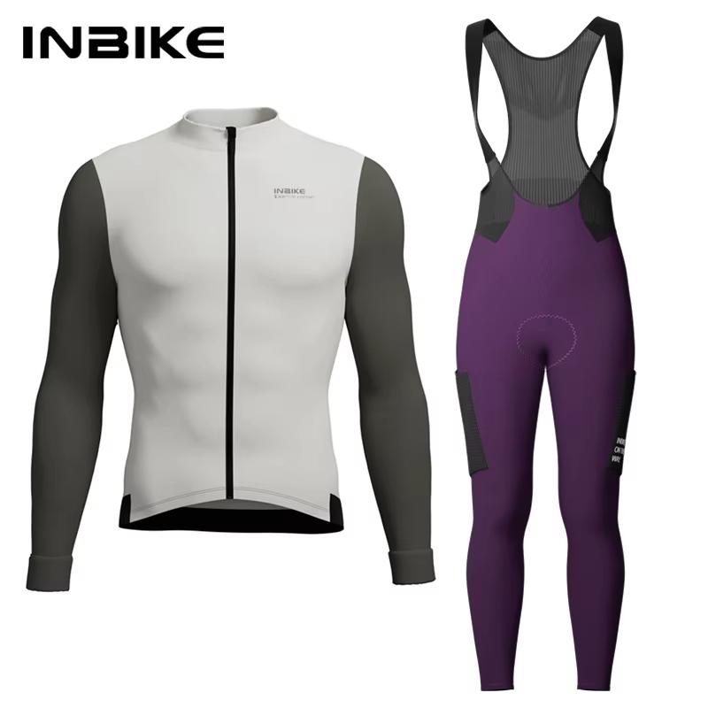Зимняя велосипедная одежда INBIKE для мужчин Флисовые велосипедные комплекты Джерси с длинным рукавом и карманами Длинные велосипедные комбинезоны для шоссейных велосипедов