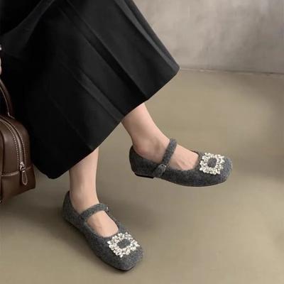 Модные роскошные флисовые балетки с кристаллами и пряжкой женские зимние квадратные носки теплые шерстяные туфли Мэри Джейн женские фирменные дизайнерские вечерние туфли Zapatos