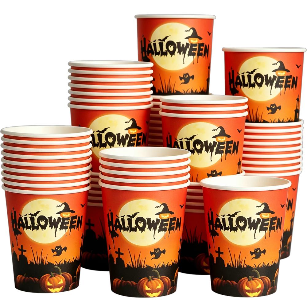 10-200Pcs Halloween Disposable Paper Cups 4 Styles Eyeball Pumpkin Grim Reaper Cat Print Paper Cup Halloween Party Drink Cups