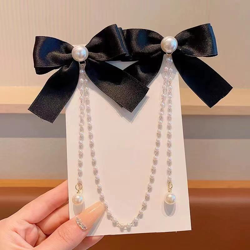 Black Tassel Elegant Vintage Bow Pearl Chain Hairpins Sweet Hair Decorate Headband Hair Clips for Hairpins for Girls Hair Pin