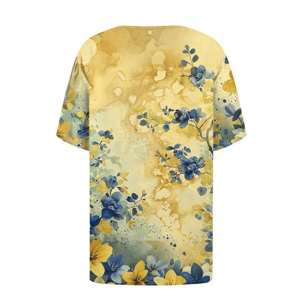 Женский модный повседневный короткий рукав пуловер с принтом на пуговицах и круглым вырезом