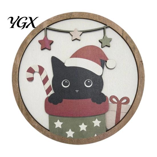 Decorative Wooden Plaques Christmas Black Cat Wall Decor, Layered Hanging Sign, Round 2D Holiday Gift Ideas Flat Art Decoration for Living Room