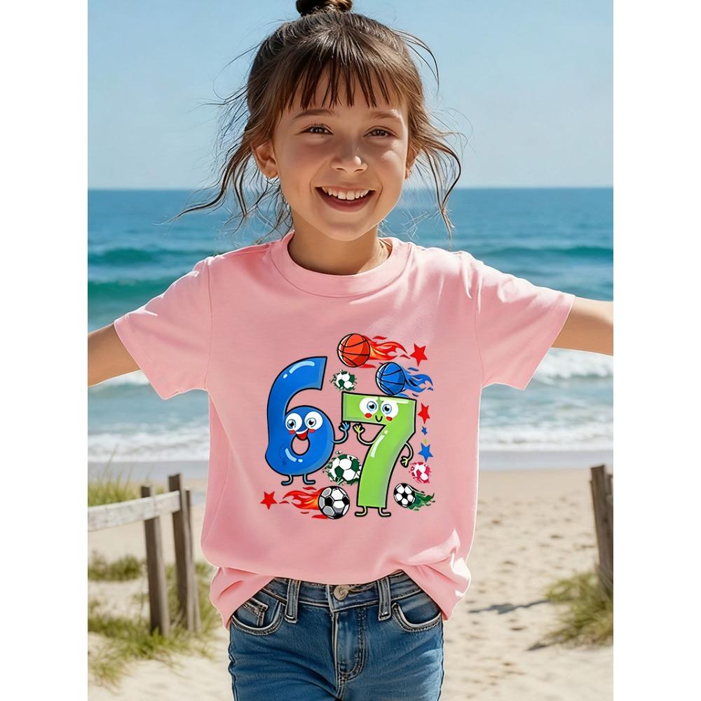 Kids T-Shirt 67 Number Basketball And Football Graphic Print Boy and Girl Tees Top Summer Short Sleeve Casual Outdoor Kids Clothing