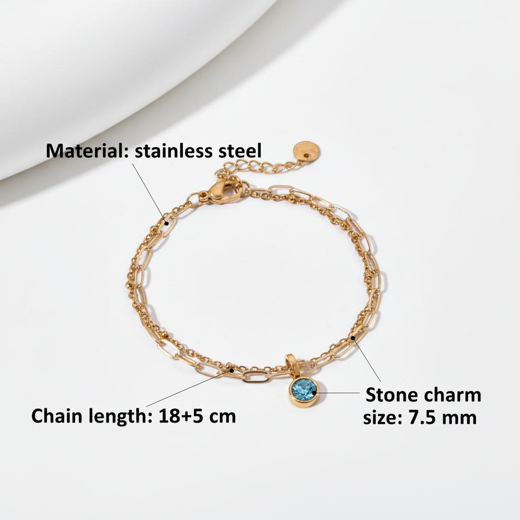 12th Birthday Fashionable Stainless Steel Double-Layered Chain Bracelet Birthstone Pendant Zircon Inlay Stylish Charm Bracelet