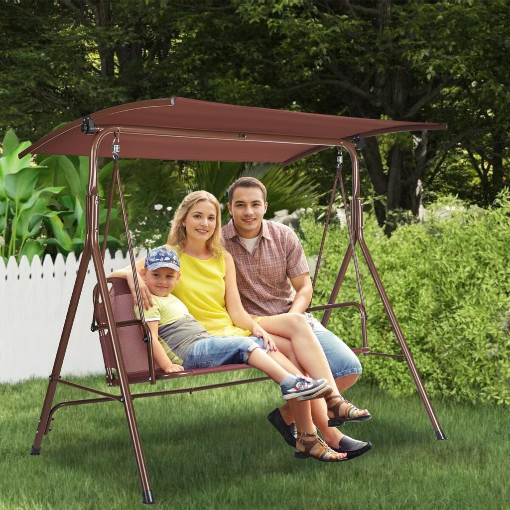 3-Person Patio Swing Chair, Outdoor Patio Swing with Adjustable Canopy, Porch Swing with Armrests, Teslin Fabric and Alloy Steel Frame, for Balcony,