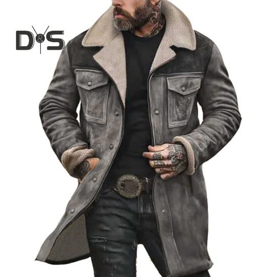 Men Jacket Large Plush Lapel Long Sleeve Vintage Suede Jacket with Pockets Zipper Up Mid-length Motorcycle Coat