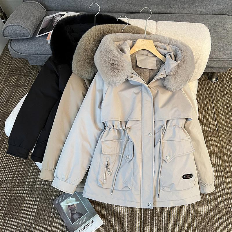 The new big fur collar pie overcomes the winter velvet thickened long-sleeved hooded cotton jacket women's cotton coat tide