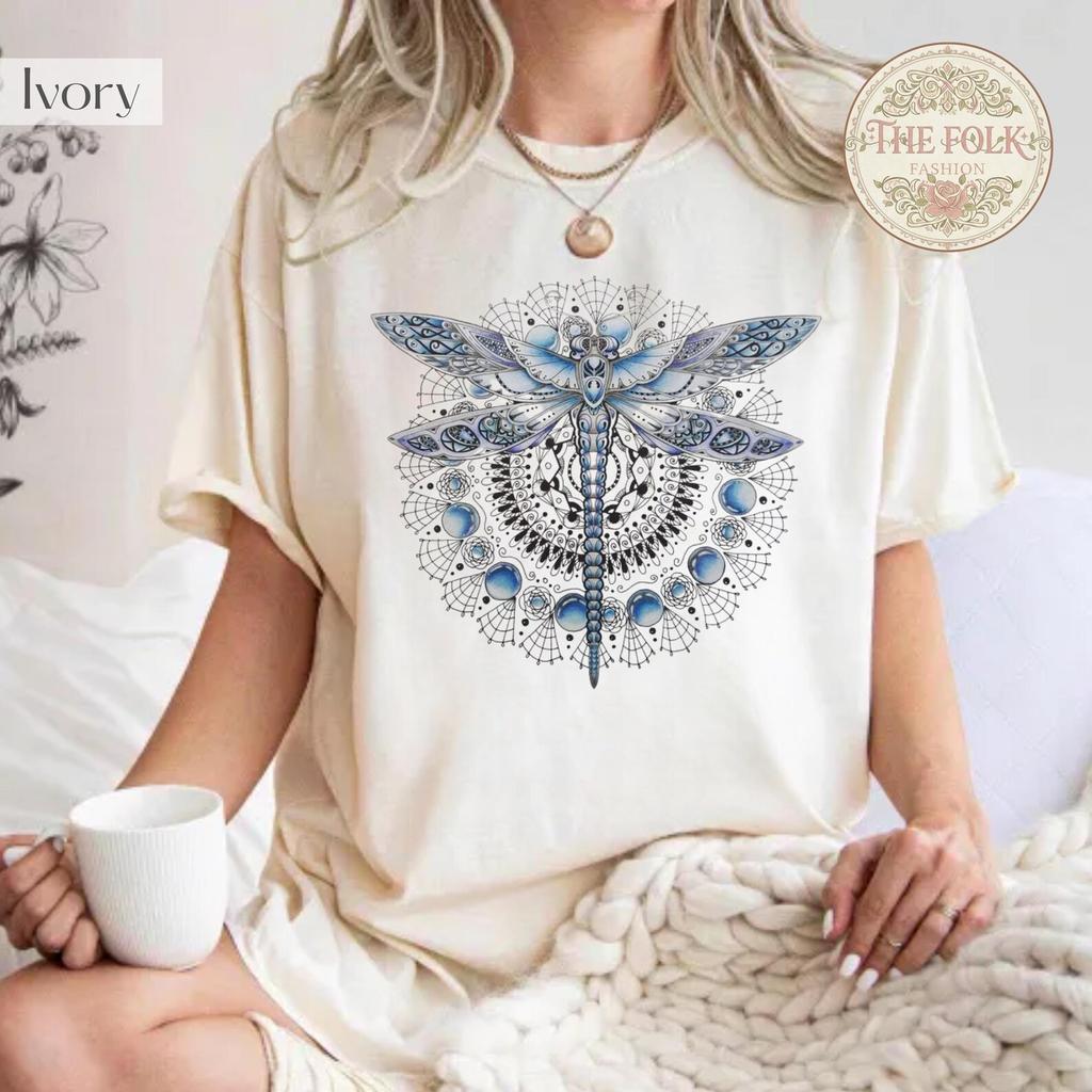 Dragonfly Mandala Shirt, Vintage Cottagecore T-shirt, Mystic Boho Nature Tee, Aesthetic Blue Crystal Shirt, Comfort Colors Ivory Tshirt