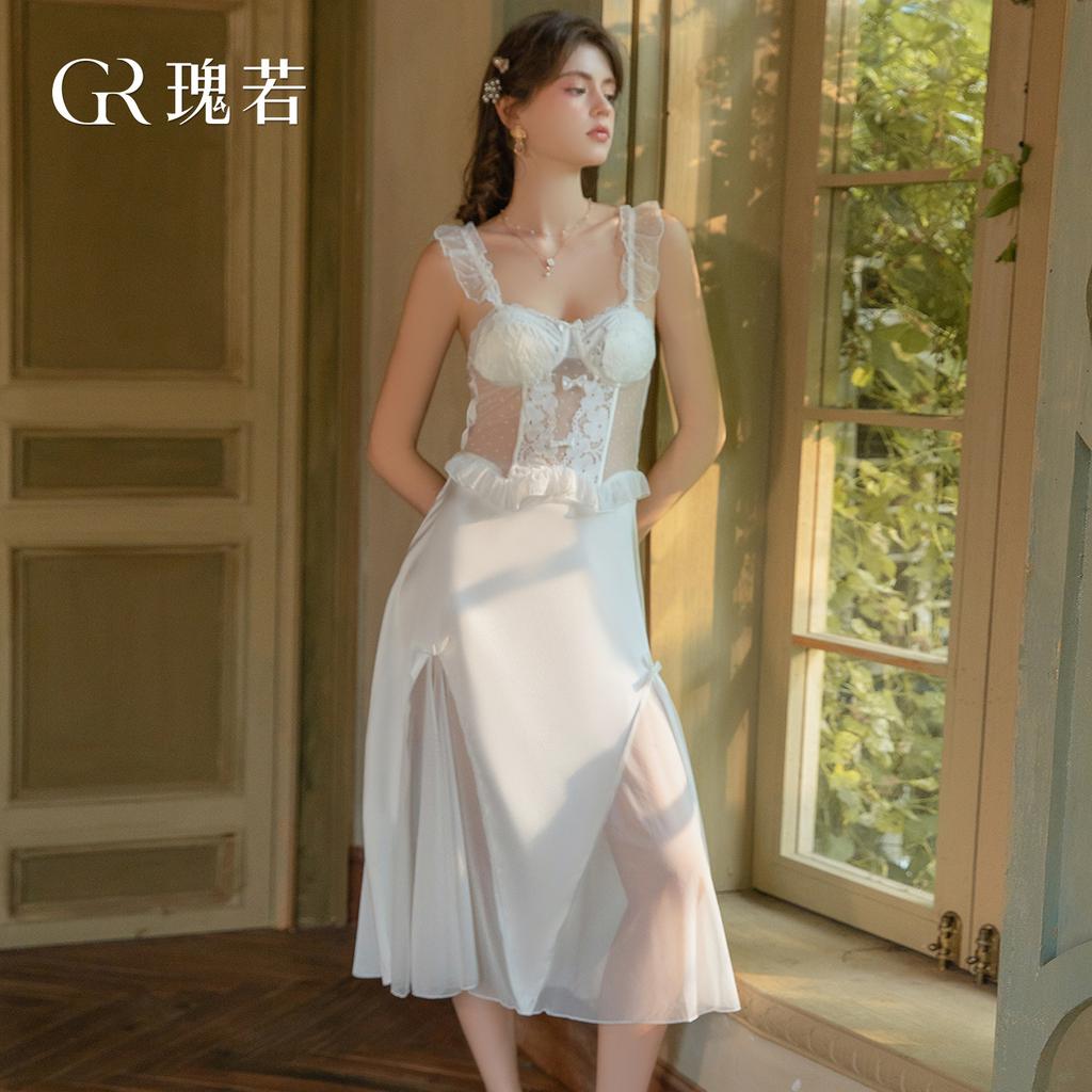 Women's Satin Sheer Lace Backless Padded Cami Sleep Dress Lounge Wear