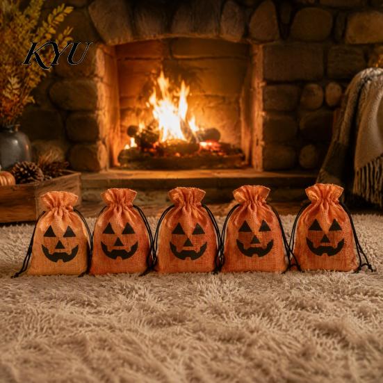 School Party Supplies 5Pcs Halloween Burlap Drawstring Bags, Candy Treat Pouch for Favor, Rustic Favors Goodie Trick or Reusable Gift Packaging Fabric