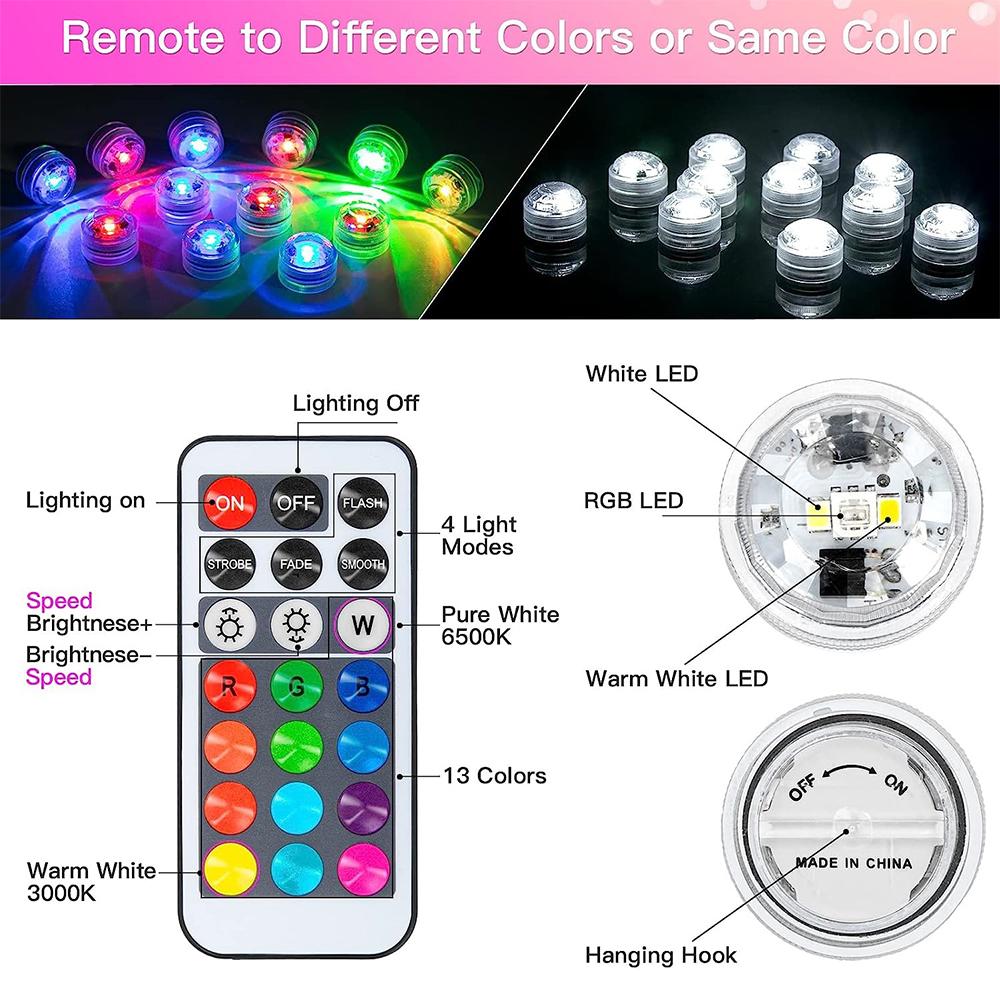 10Pcs Mini Submersible RGB Led Light with Remote for Vase Fish Tank Hot Tub Pool