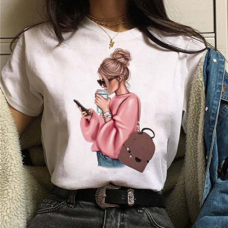 Women T Shirt Fashion Casual Female Print Shirt Loose Women Oneck Tops Harajuku 90s Girls Kawaii T Shirt Korean Style Clothes
