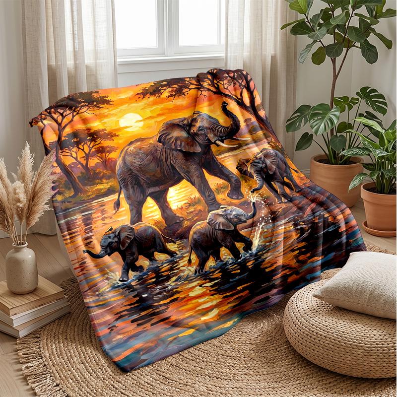 Elephants at Coastal Sunset Theme blanket Lightweight Warm Flannel Blanket Decorative Throw Blanket for Home Decoration
