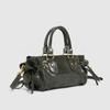 Rivet Oil Wax Leather Handbag, Fashionable Drawstring Bow, Single Shoulder Crossbody Bag, Pleated Women's Bag
