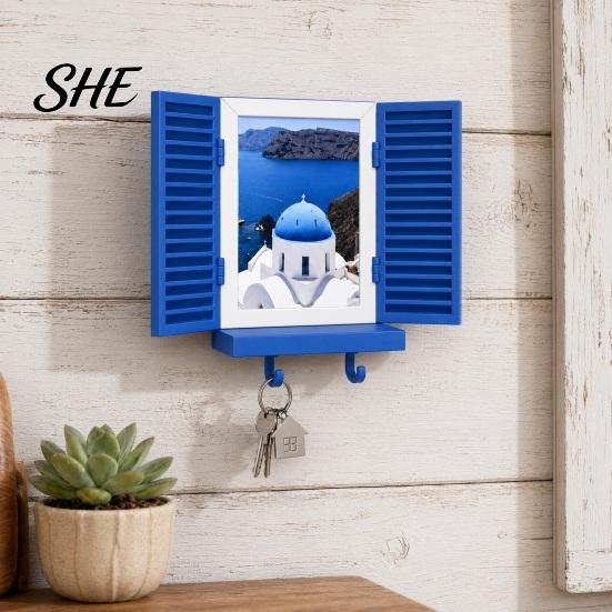 Functional Wall Decor Key Holder with Hidden Storage Shelf, Mediterranean-Style Window Frame Photo Personalized Display Stand, Entryway Organizer
