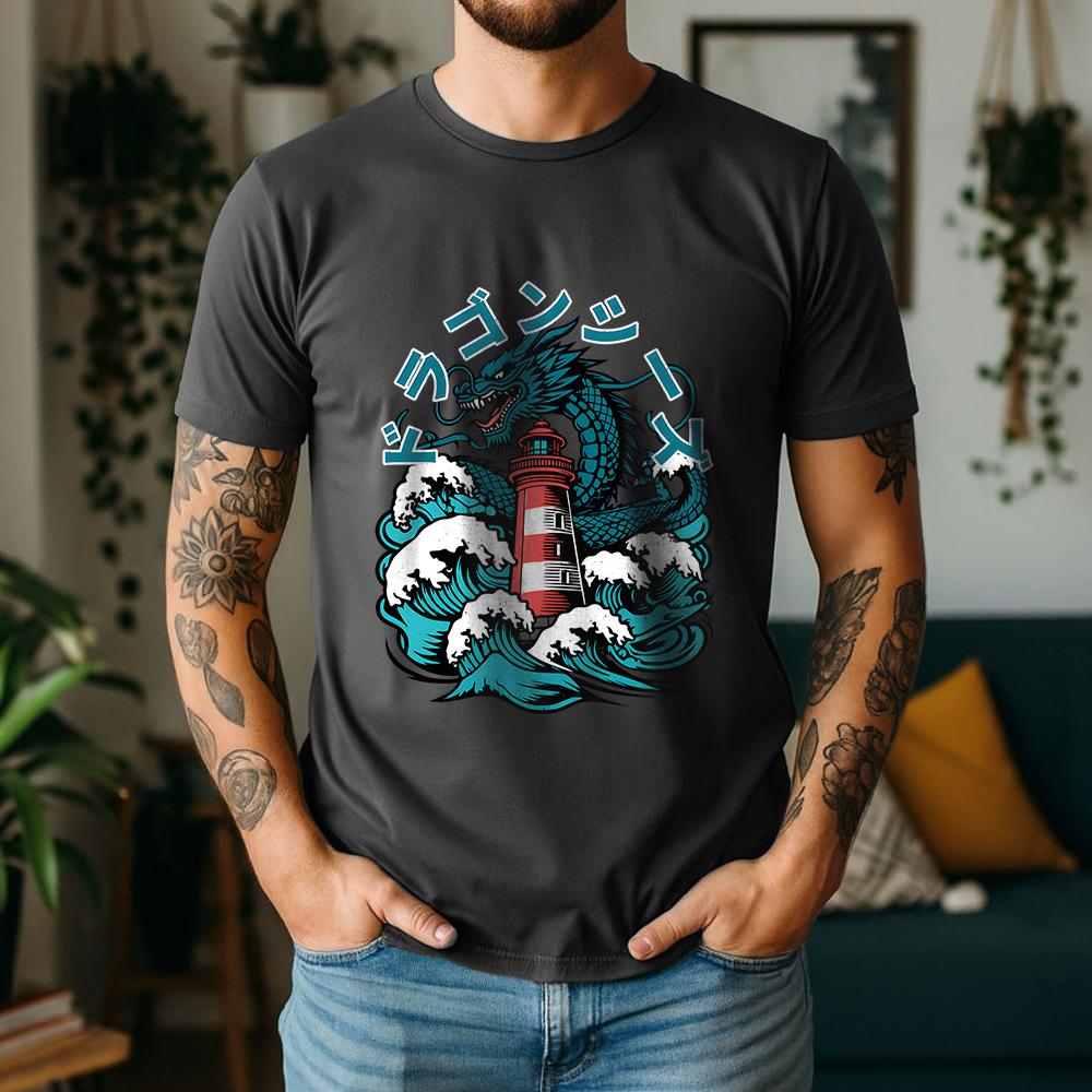 2026 Summer Unisexs Japanese Dragon Lighthouse Graphic Oversize Tee 100 Cotton UkiyoE Short Sleeve