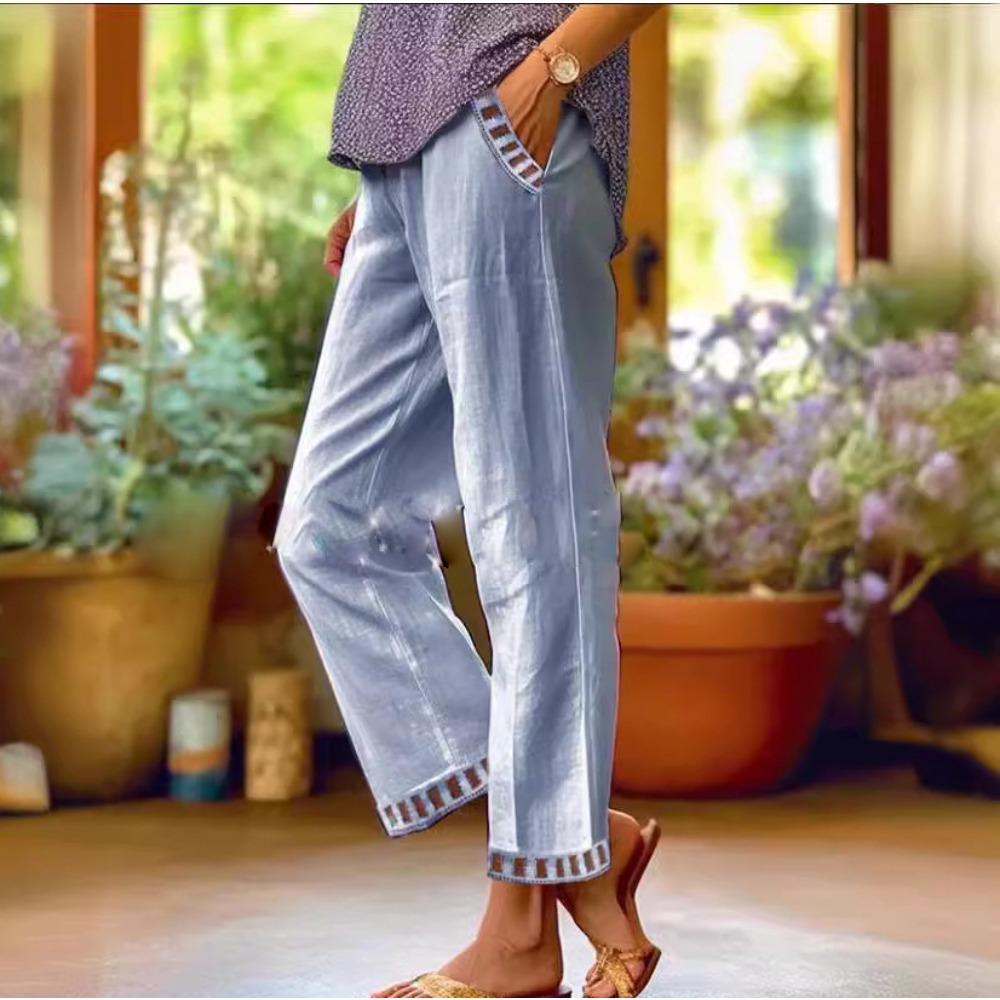 Винтажные повседневные брюки из хлопка и льна с эластичной талией и праздничным дизайном