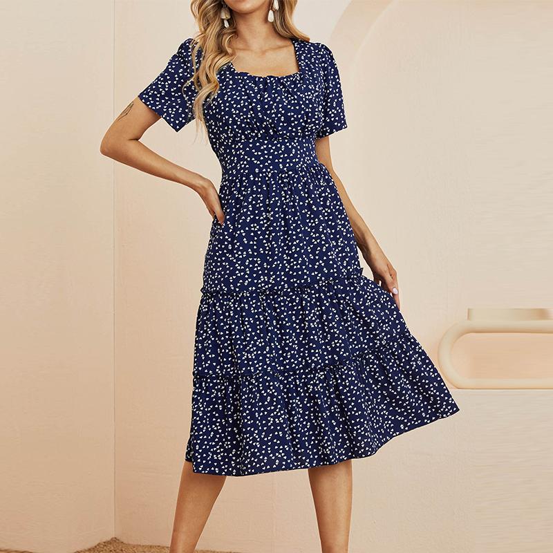 Summer Love Pattern Dot Print Dress Women Casual A-Line Short Sleeve Square Collar Ruffles Medium Long Chiffon Red Black Blue Green