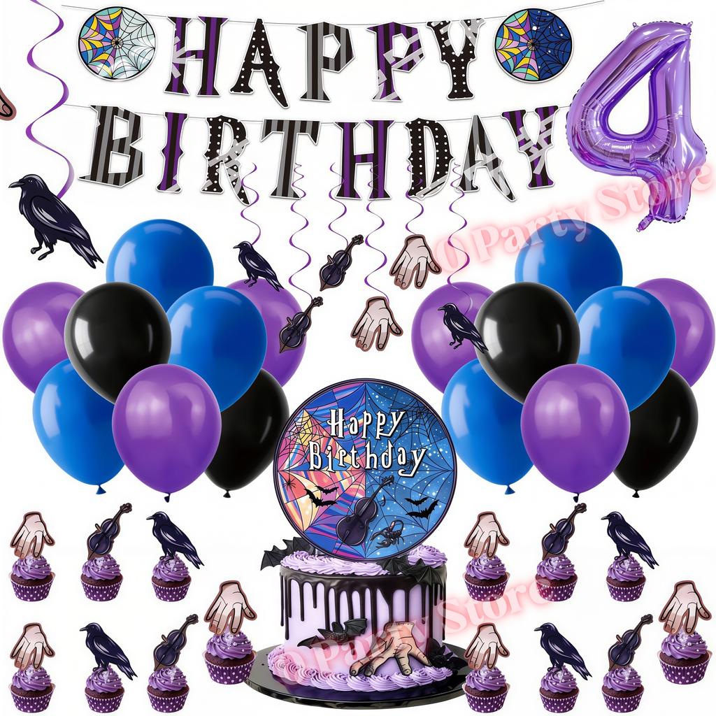 Birthday Party Decorations Supplies Kit Balloons Cups Plates Backdrop Banner Addams Theme Birthday Cake Decor Kids Favor Gifts