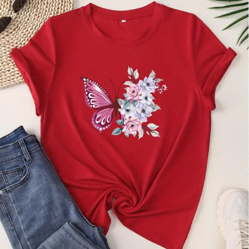 Butterfly & Floral Sprint Crew Neck T-shirt Casual Short Sleeve T-shirt For Spring & Summer Women's Clothing