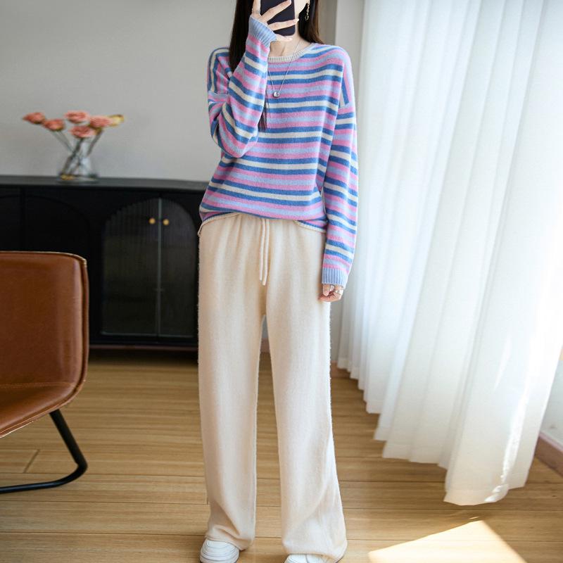 Women's Colorful Striped Wool Knitwear Top - 2025 Autumn/Winter, Long Sleeve, Loose Fit, Trendy Cashmere Base Layer