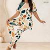Women Plus Size Geometric Printed Round Neck Short Sleeve Long Top Fitted Pants Two Piece Set