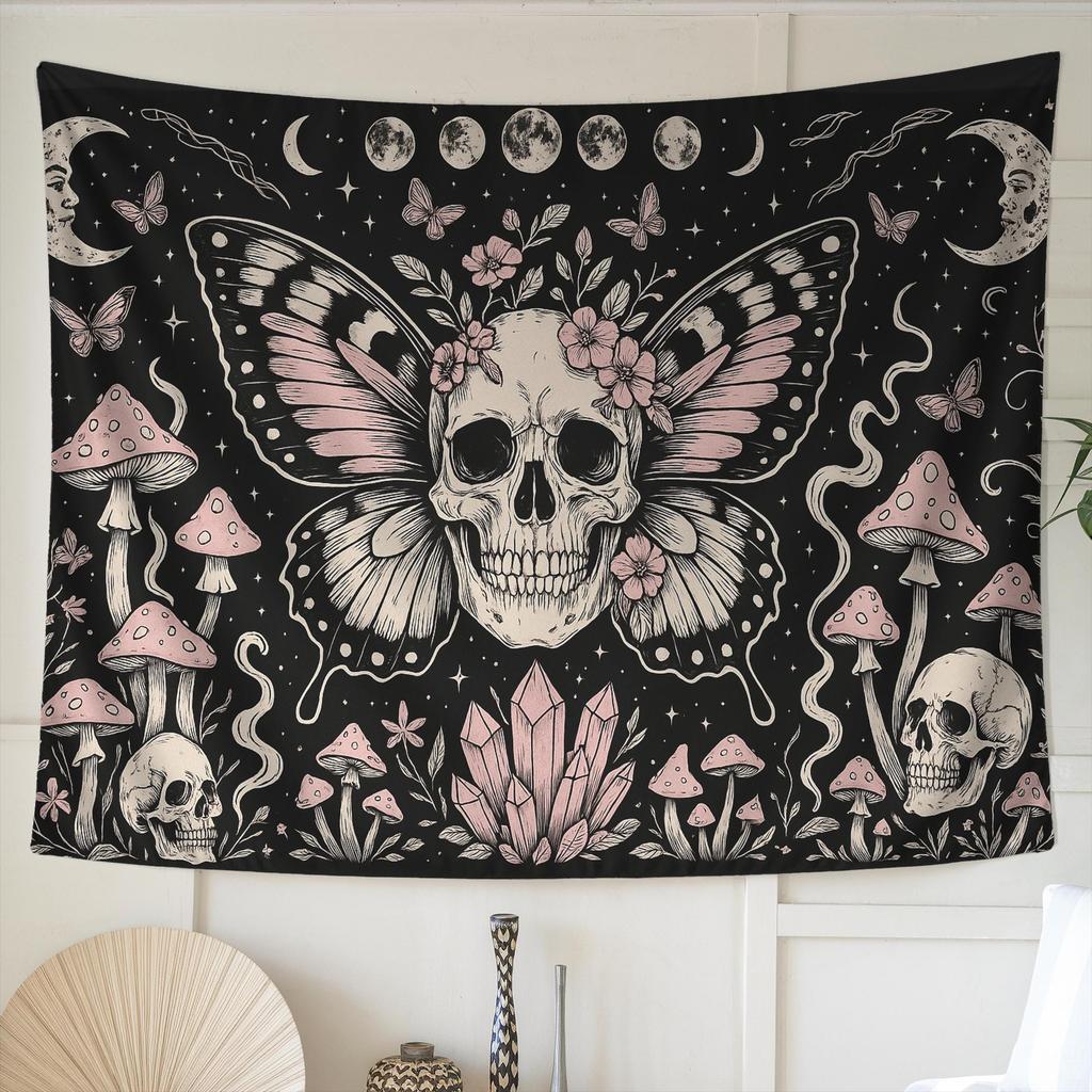 Gothic Butterfly Skull Tapestry – Witchy Wall Decor with Mushrooms Crystals Moons and Floral Moth Vibe for Dark Boho and Occult Style
