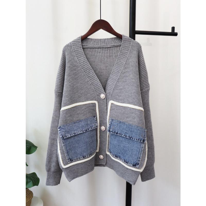 Осень и зима новый джинсовый кардиган с карманами, вязаный, свободного кроя, с темпераментом, универсальный свитер-куртка женский