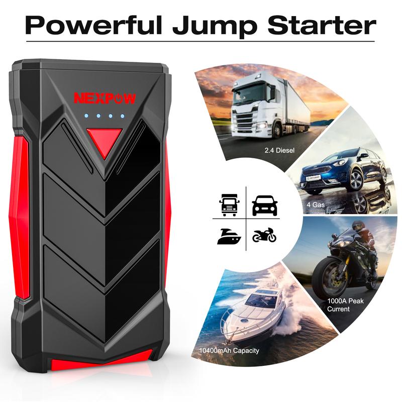 NEXPOW 1000A Пусковое устройство Power Bank, Автомобильное пусковое устройство для бензиновых двигателей объемом до 7 л или дизельных объемом до 5,5 л, Power Bank 12 В с быстрой зарядкой USB