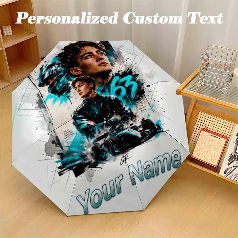 George Russell Automatic 8‑ribs Umbrella, Custom Name Text Personalized Folding Umbrella Rain Sun Gift