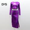 2 Pcs/Set Women Top Skirt Suit Shiny Sequin Long Sleeve O Neck Short Waist Exposed Top High Waist Split Slim Fit Club Party Midi Skirt Set