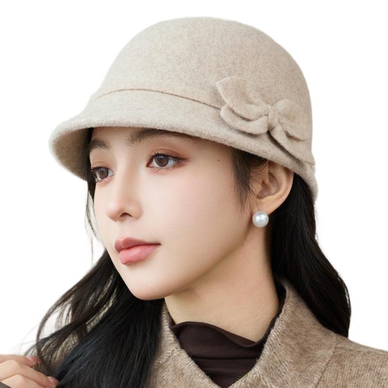 Autumn and winter new wool woolen basin hat women's fashion bow warm equestrian hat versatile face hat