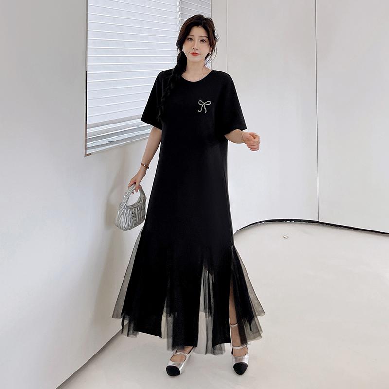 Dimanaf Women New 2025 Summer Plus Size Casual Short Sleeve Dress Basic Loose Long Dress Maxi Black Lace