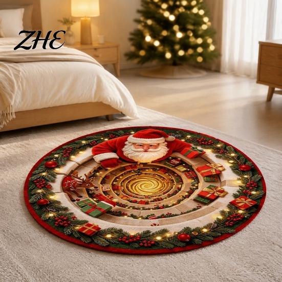 Non Slip Holiday Floor Decor Christmas Round Area Rug, 3D Visual Trap Mat with Santa Elk Print, Stylish Spiral Pattern Rugs Non-Slip Stain Resistant