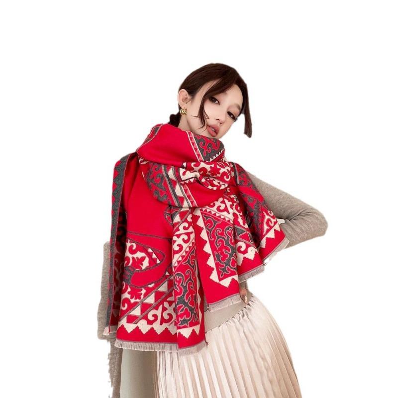 Autumn and Winter Imitation Cashmere Jacquard Thick Scarf Female Totem Horse Jacquard Scarf Windproof and Warm Versatile Shawl