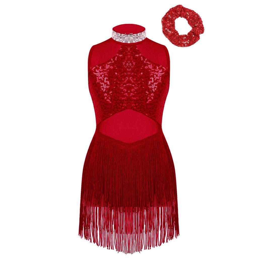 Girls Rhinestone Decorated Collar Leotard Sequins Mesh Patchwork Tassel Hem with Hair Tie