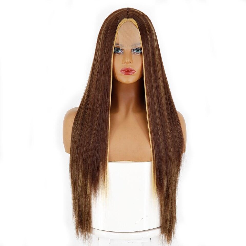MISS WIG Длинный женский парик Темно-коричневый плюс золотой парик Парик из синтетического термостойкого волокна Прямой натуральный парик для Хэллоуина без челки