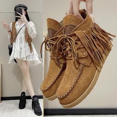 Винтажные ботильоны на шнуровке с кисточками для женщин, осень-зима, остроносые ковбойские сапоги, женские замшевые ковбойские сапоги «челси» в стиле вестерн
