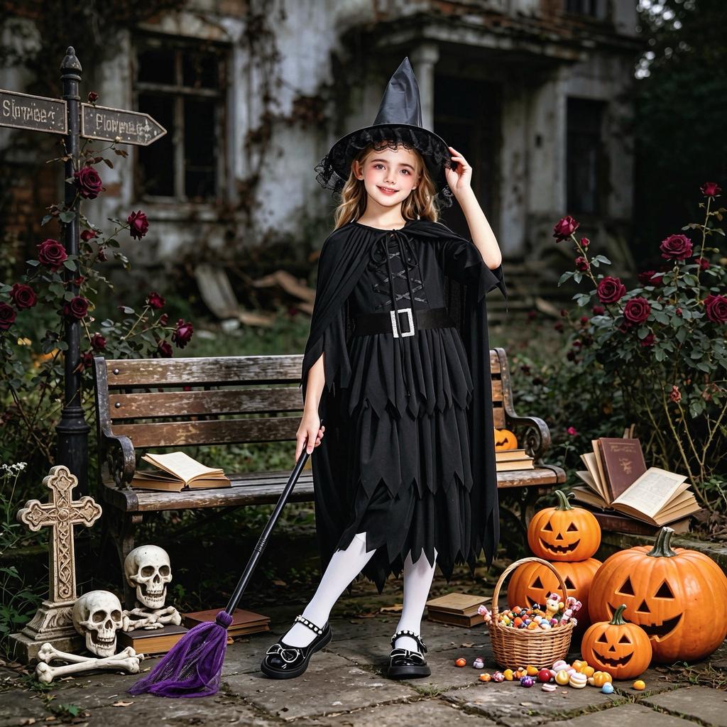 Kids Witch Costume Dress with Hat and Shawl for Halloween Role Playing