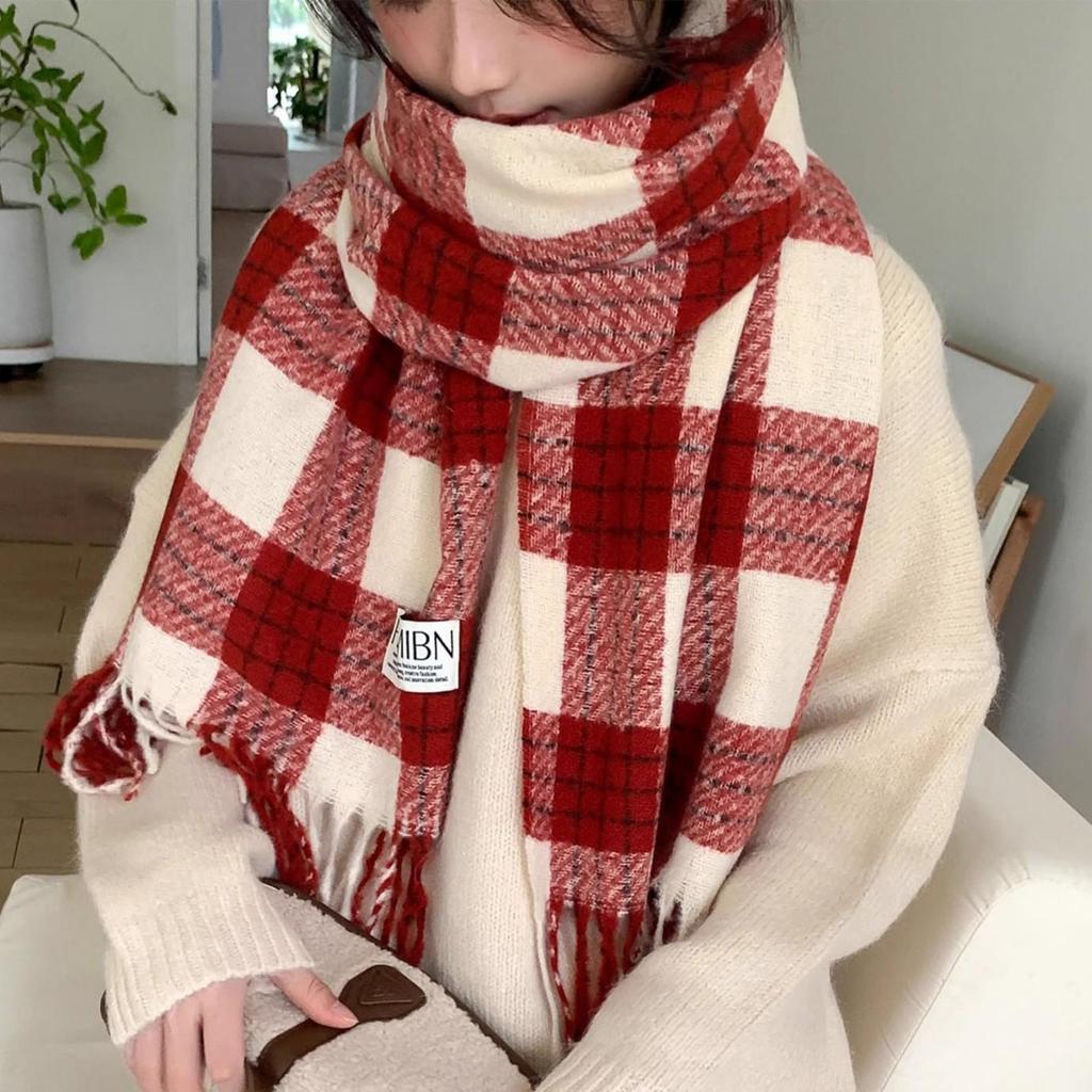 Korean Style Women's Red Plaid Winter Scarf - Warm & Thick Shawl