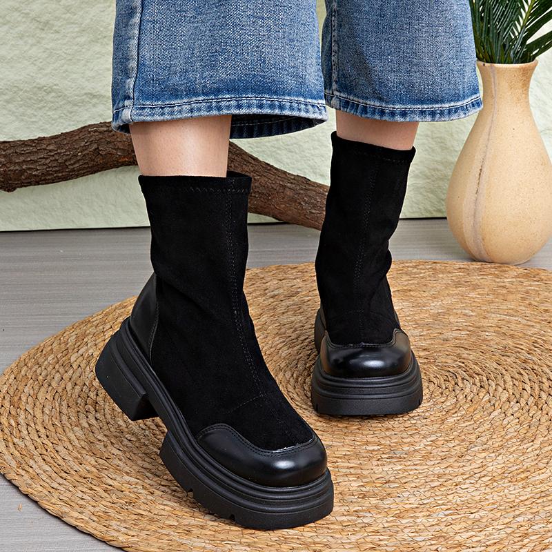 Vintage British Style  Boots for WomenSummer New Warm Versatile Thick Soled Chunky Heel Short Boots Stretch Slim Boots Comfortable Soft Sole Non slip